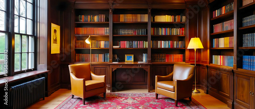 Classic study room with elegant mahogany bookshelves, comfortable armchairs, and a large window overlooking greenery, interior design