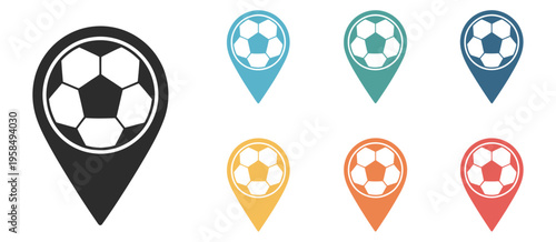 Soccer ball and soccer concept vector icon set, map marker with football icon, sports location and navigation concept, field and match tracking indicator, modern flat vector illustration for digital 