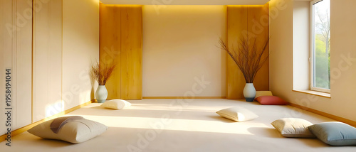 Serene empty room with light wooden floor and walls, scattered cushions, and large window with natural light, light wood