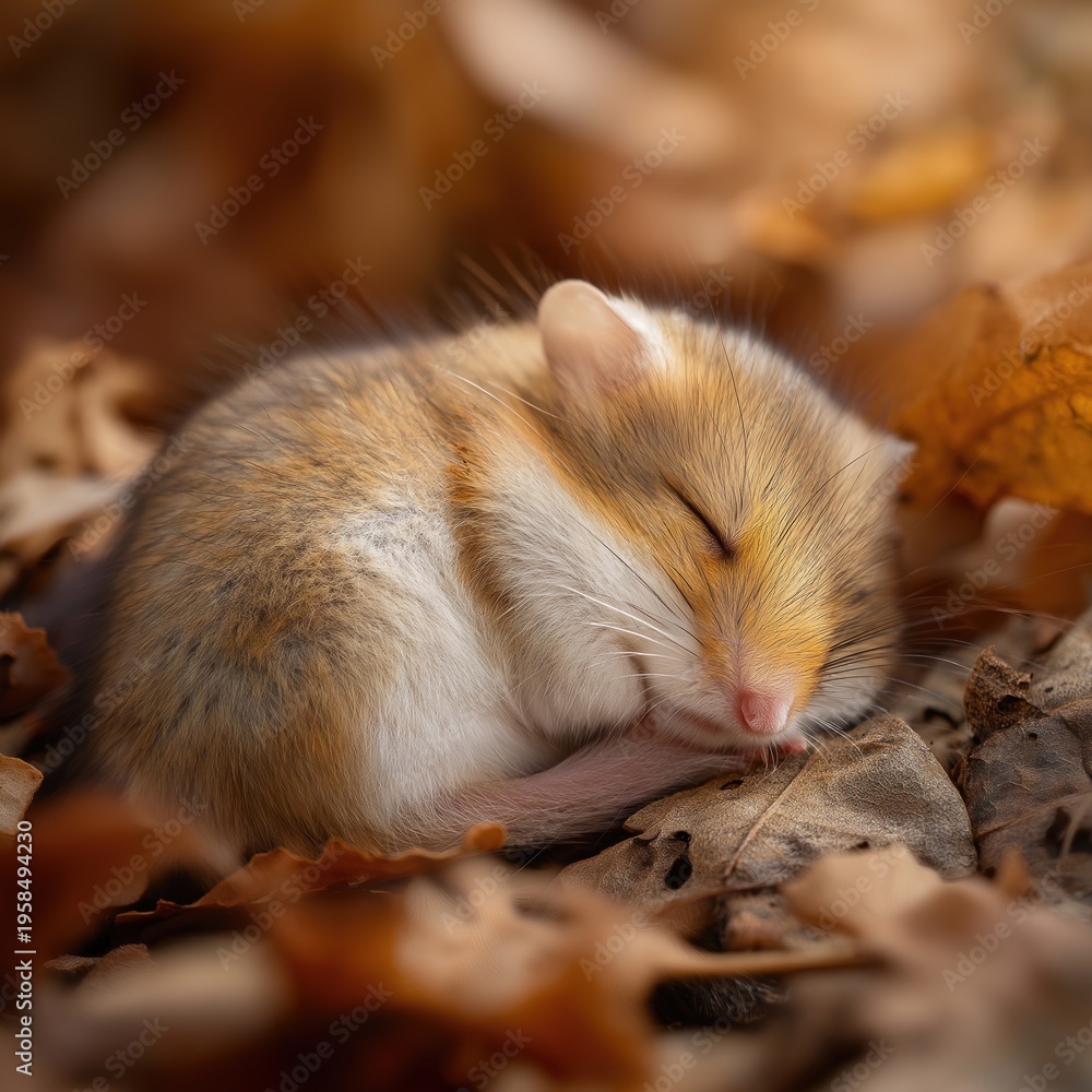 Obraz premium Sweet Dormouse Nestled in Autumn Leaves