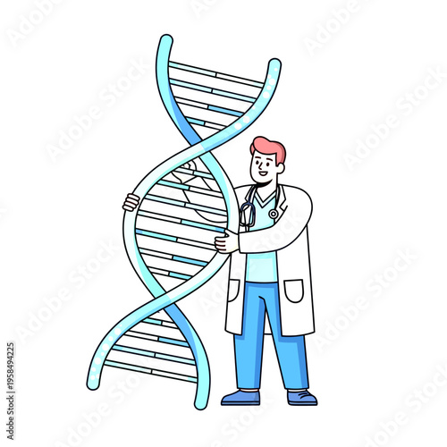 Medical professional holding a large DNA double helix structure, representing genetic research, biotechnology, and healthcare innovation.