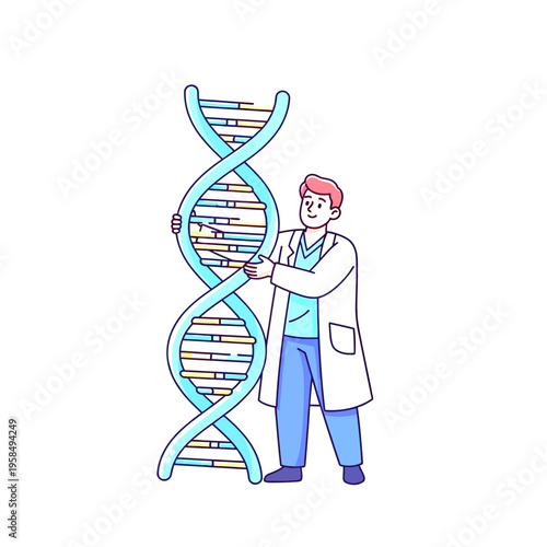 Scientist in lab coat examining a large DNA double helix structure, representing genetic research, biotechnology, and scientific discovery illustration