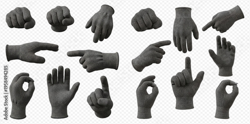 Set of black hands showing various gestures, including pointing, fist, open palm, and OK sign, isolated on transparent background.