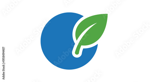 A green leaf emerges from a blue circular shape on a white background in a natural setting.