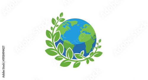 Vibrant eco-friendly symbol featuring Earth surrounded by lush green leaves representing environmental conservation and sustainability in a simple modern artistic style