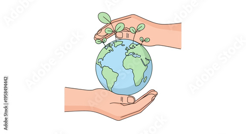Hands cradling the Earth with sprouting plants emerging from it gently outdoors