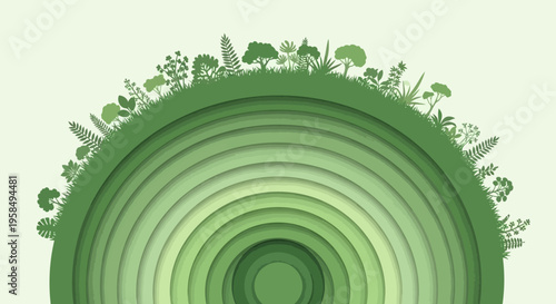 Eco-friendly concept of tree growth rings with lush green foliage on top, symbolizing nature, sustainability, and environmental conservation in a minimalist artistic style.