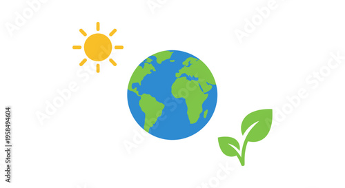 Sun shines on Earth with green leaves growing, representing new life and environmental sustainability on planet Earth with sun.