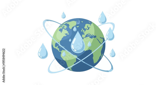 Eco-friendly planet Earth with water droplets and orbiting lines, symbolizing global hydration and environmental conservation in a stylized, modern graphic design
