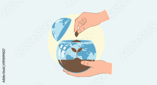 Hands holding globe with seedling growing from earthy soil in cracked planet with two hands nurturing it from above in a symbolic gesture of care