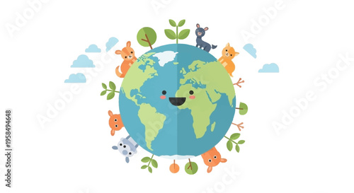 A vibrant illustration of a smiling Earth surrounded by diverse animals and leaves in a whimsical scene.