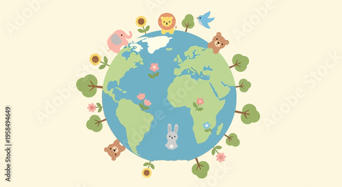 A whimsical illustration of the Earth surrounded by various animals, food, hobbies, culture, and travel icons, showcasing a lively and vibrant scene.
