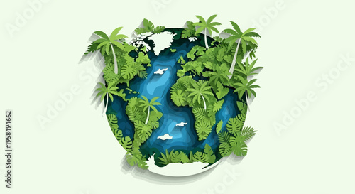 Vibrant digital illustration of Earth from space with lush green tropical foliage and palm trees covering continents, blue oceans with white birds flying, on a light green background, symbol
