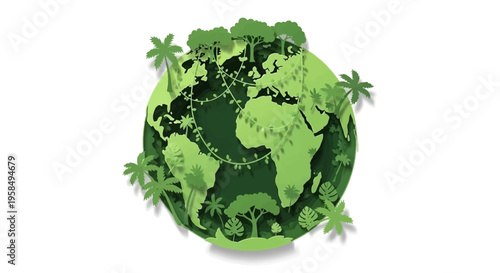 A vibrant green illustration of the Earth covered with trees and plants symbolizing nature and environmental conservation on a global scale with lush foliage.