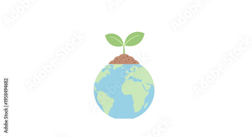 A small green plant grows out of the earth on a blue globe representing nature and environment in a symbolic illustration.