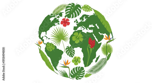 Vibrant stylized Earth globe covered with lush green tropical leaves and colorful exotic flowers in a whimsical artistic style symbolizing eco-friendliness and environmental conservation on 