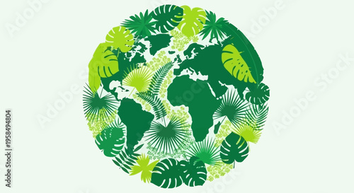 Vibrant artistic globe with lush green tropical leaves, earthy tones, symbolizing eco-friendly environment, sustainability and nature conservation