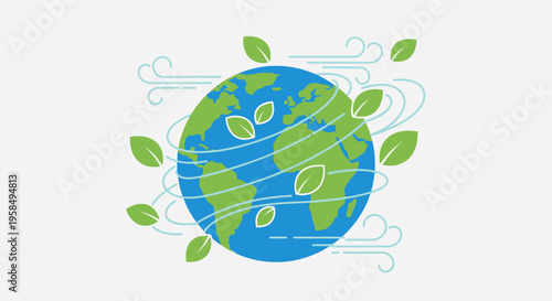 Vibrant stylized Earth globe with swirling green leaves and blue lines on white background, symbolizing eco-friendly environment and sustainability in a modern minimalist art style
