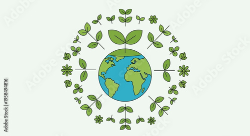 Vibrant stylized Earth surrounded by lush greenery and leaves symbolizing environmental conservation and eco-friendly living globally
