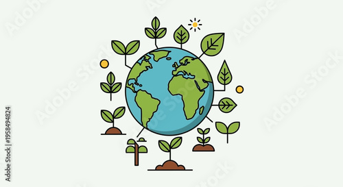 Planet Earth surrounded by green leaves and seedlings in a symbolic representation of eco-friendly growth and environmental sustainability
