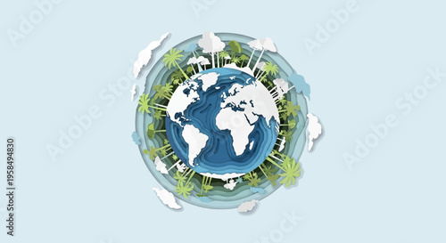 Vibrant surrealistic depiction of Earth surrounded by swirling clouds and lush greenery symbolizing environmental conservation and global harmony in a dreamlike artistic style