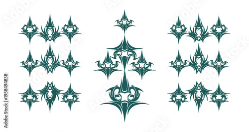 Abstract geometric designs in teal on black background