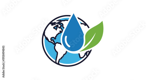 Eco friendly symbol with a stylized blue water droplet and green leaf emerging from a globe representing environmental conservation and sustainability in a modern minimalist artistic style.