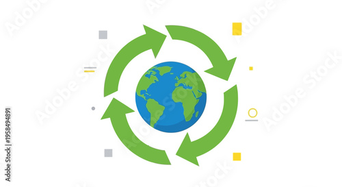 Eco-friendly globe with circular green arrows indicating sustainable recycling and environmental conservation in a modern minimalist graphic design style