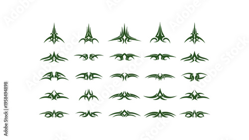 Abstract geometric shapes array in green on black background