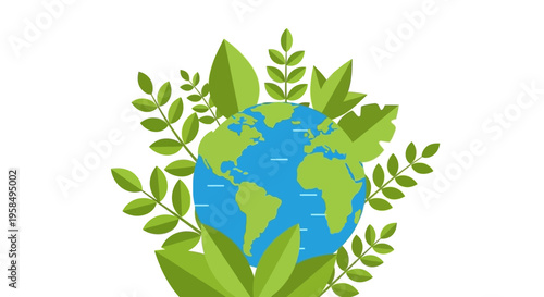 Vibrant stylized illustration of a blue and green Earth globe surrounded by lush foliage, symbolizing eco-friendliness and environmental conservation