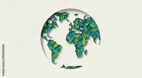 Vibrant eco-friendly globe with colorful leaves covering continents on a white background, symbolizing environmental conservation and sustainability efforts worldwide in a stylized artistic 