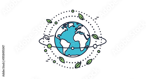 Vibrant stylized globe surrounded by eco-friendly elements and orbiting particles in a modern minimalist artistic style for environmental conservation and sustainability concepts