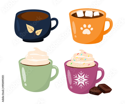 A collection of cartoon hot chocolate and in mugs with whipped cream and various toppings. Can be used for wallpaper, sticker and winter season decoration