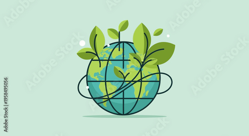 Vibrant stylized illustration of a growing green earth with sprouting leaves symbolizing eco-friendly harmony and sustainable future
