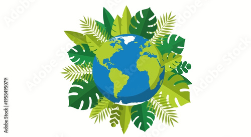 Vibrant flat design Earth surrounded by lush tropical leaves, symbolizing eco-friendliness and global environmental conservation efforts in a stylized, colorful, artistic representation.