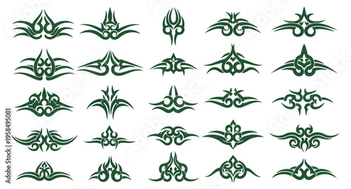 Abstract ornamental design elements in dark green on black background