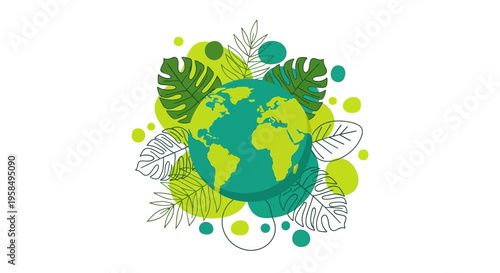 Vibrant stylized Earth globe surrounded by lush tropical leaves and colorful eco-friendly design elements in a modern minimalist artistic style for environmental conservation and sustainabil