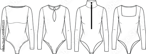 Collection of women's long sleeve bodysuit fashion flat sketches with different neck styles