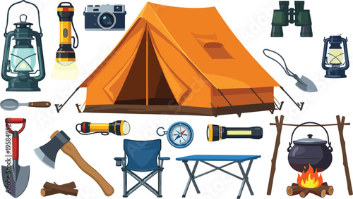 Collection of Outdoor Camping Equipment Featuring an Orange Tent Fire Pot Lantern and Essential Survival Tools