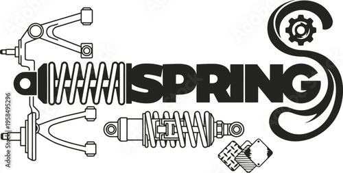 Automotive suspension parts illustration with the word spring and mechanical gear