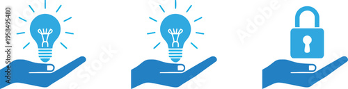Set of hand holding light bulb and padlock vector icons symbolizing innovation creativity protection security and intellectual property