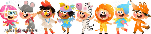 Children dressed in animals costumes as lion, zebra, fox, parrot and others. Diverse kids wearing animals costumes, colorful childhood characters. Vector cartoon illustration clip art collection.