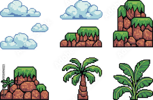 Pixel Art Game Assets Featuring Tropical Nature Elements Including Palm Trees Clouds Grass and Rocky Cliffs