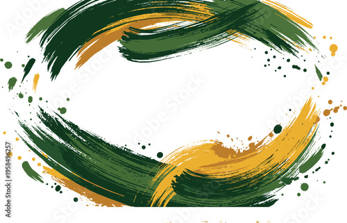 Abstract Circular Brush Stroke Frame in Green and Gold with Grunge Splatters for Artistic Border Designs Web Banners and Modern Textures