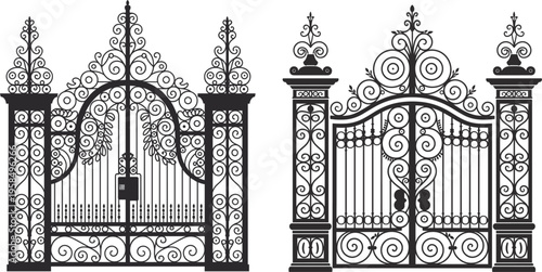 Intricate Wrought Iron Gate Vector Silhouettes with Victorian Filigree and Ornamental Scrollwork Garden Entrance Designs