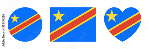 Democratic Republic of Congo flag heart shaped, round, rectangular button. Circle, rectangle, heart flag badge, sticker, icon, sign of Democratic Republic of Congo set.