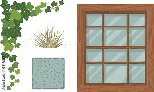 Rustic Wooden Window Frame with Climbing Green Ivy Vines Grassy Shrub and Textured Stone Paver Clipart.