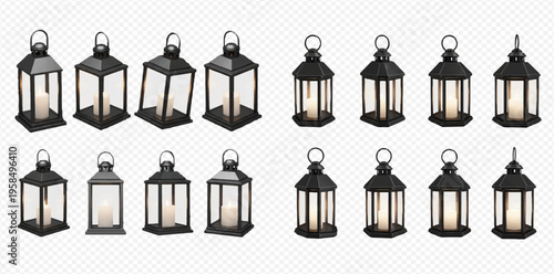 Set of various black metal lanterns with burning candles inside, isolated on transparent background, 3D render.