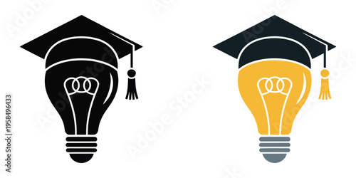 Square academic cap and light bulb idea set, education and innovation concept icons, graduation and creativity symbols, knowledge and inspiration theme, modern flat vector illustration collection for 