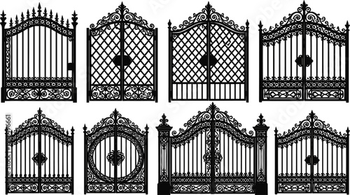 Ornate Wrought Iron Gate Silhouettes Collection Featuring Elegant Victorian Filigree And Classical Gothic Architectural Designs.